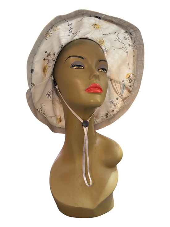 unbranded Accessories - Floral Print Wide-Brim Sun Hat — Beige & Cream with Tie Strap